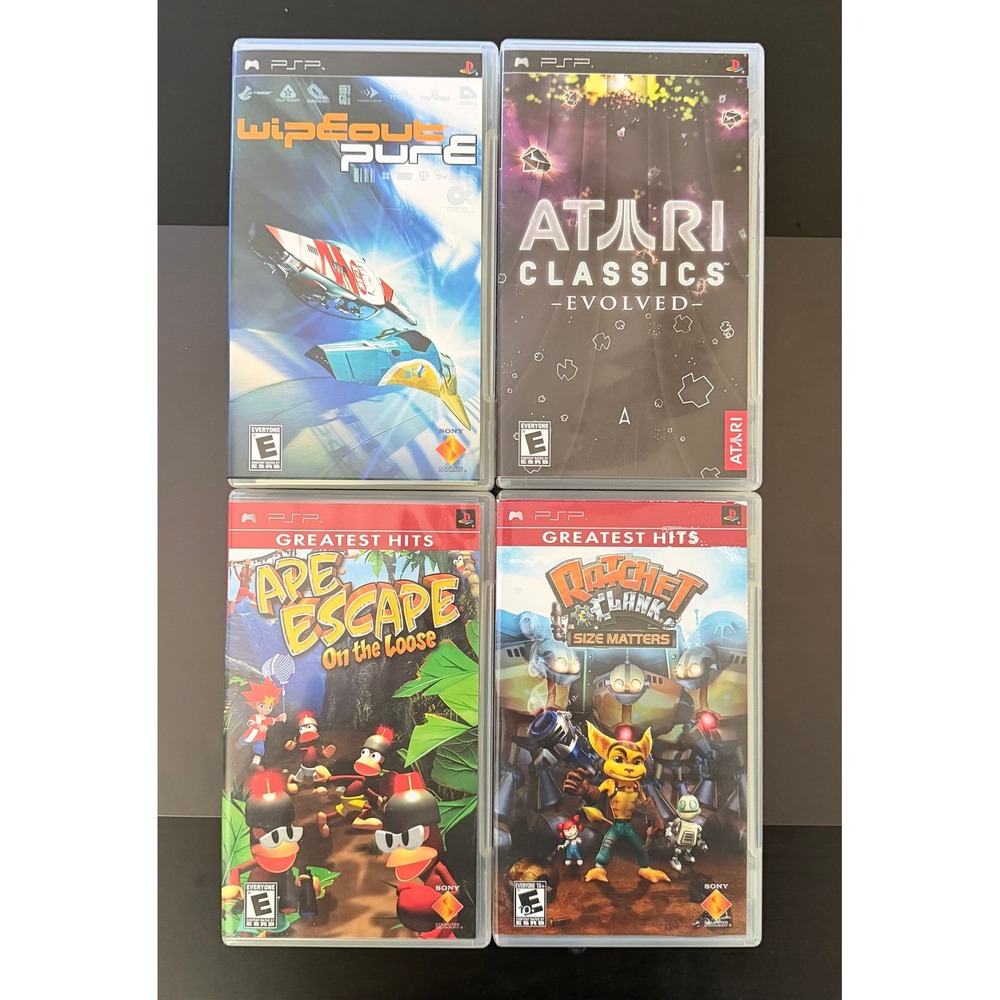 PSP Lot of 4 CIB Tested Ape Escape, Ratchet/Clank Size Matters, Wipeout, Atari
